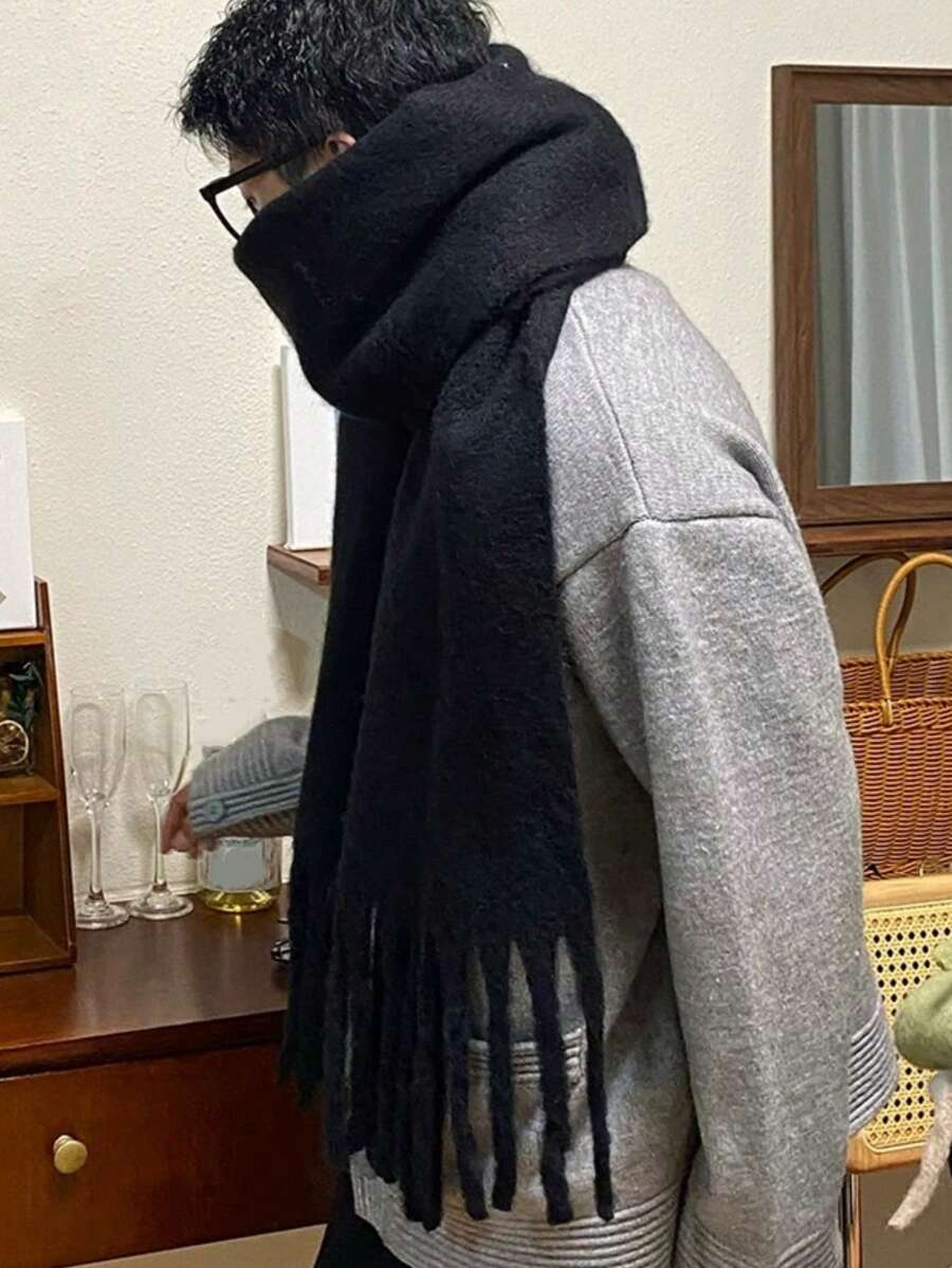 1pc Men's And Women's Macaron Solid Color Warm Thick Scarves, High-End Warm Neck Tassel Long Scarves, Thick Warm Scarf Collar, Suitable For Daily Use In Spring, Autumn, Winter, Cold Weather, Leisure Travel, Shopping, Etc - Multicolor - View 1