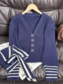 Navy Collar Bow Knit Cardigan, Versatile School Style Sweater