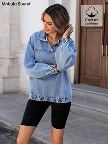 女士休闲时尚优雅性感音乐节蓝色牛仔运动衫 - 藍色 - 查看 4
