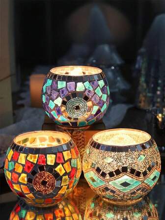 3 件套华丽手工土耳其摩洛哥马赛克玻璃烛台 - 带星星和月亮设计的彩色桌面烛台、手工笔筒、盆栽花盘、化妆品收纳、浪漫晚餐蜡烛容器、结婚周年纪念日、生日、派对装饰、家居装饰和多元文化节日，包括圣诞节、新年、排灯节和三王节礼物毕业