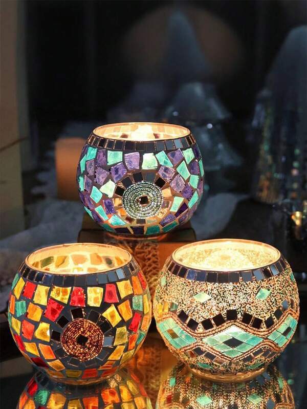 3 Pieces Set Of Gorgeous Handmade Turkish Moroccan Mosaic Glass Candle Holder - Colored Tabletop Candle Holder With Star And Moon Design, Handmade Pen Holder, Potted Flower Plate, Makeup Storage, Candle Container For Romantic Dinner, Wedding Anniversary, Birthday, Party Decor, Home Decor And Multicultural Festivals Including Christmas, New Year, Diwali And Three Kings Day Gifts Graduation