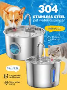 2,2L/74oz, 3,2L/108oz Fonte de Água para Gatos, Fonte de Água Automática de Aço Inoxidável para Animais de Estimação, Adequada para Gatos e Cães, Fonte de Água de Metal para Gatos e Cães, com Janela de Nível de Água, Bomba Ultra-Silenciosa, Fonte de Água para Animais de Estimação, Dispensador de Água Silencioso, Fonte de Água para Gatos, Fácil de Limpar e Instalar, Design de Torneira Bonito, Excelente Sistema de Filtração