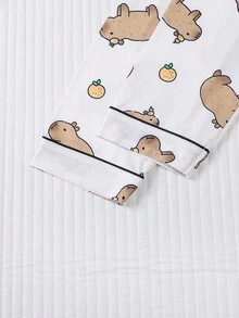 2pcs Autumn/Winter Capybara Print Pajama Set For Women, Comfortable Long Sleeve Lapel Button-Up Shirt With Chest Pocket And Relaxed Elastic Waist Pants, Sleepwear For Holiday Party, Soft Fabric For Casual Outdoor & Indoor Warmth, Fall Clothes - 棕色 - 查看 9