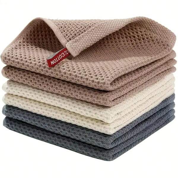 Set de 6 paños de cocina de algodón puro con tejido de gofre, paños de cocina de estilo minimalista, toallas de limpieza para fregadero o estufa, almohadillas de limpieza absorbentes y lavables, artículos de limpieza, artículos esenciales de cocina