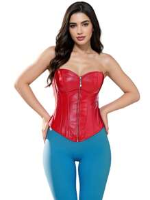Women's Front-Zip Back Lace-Up Corset Top - Sexy Waist Cincher For Prom, Club & Cosplay - Stylish Smooth Fabric Corset De Mujer Elegante