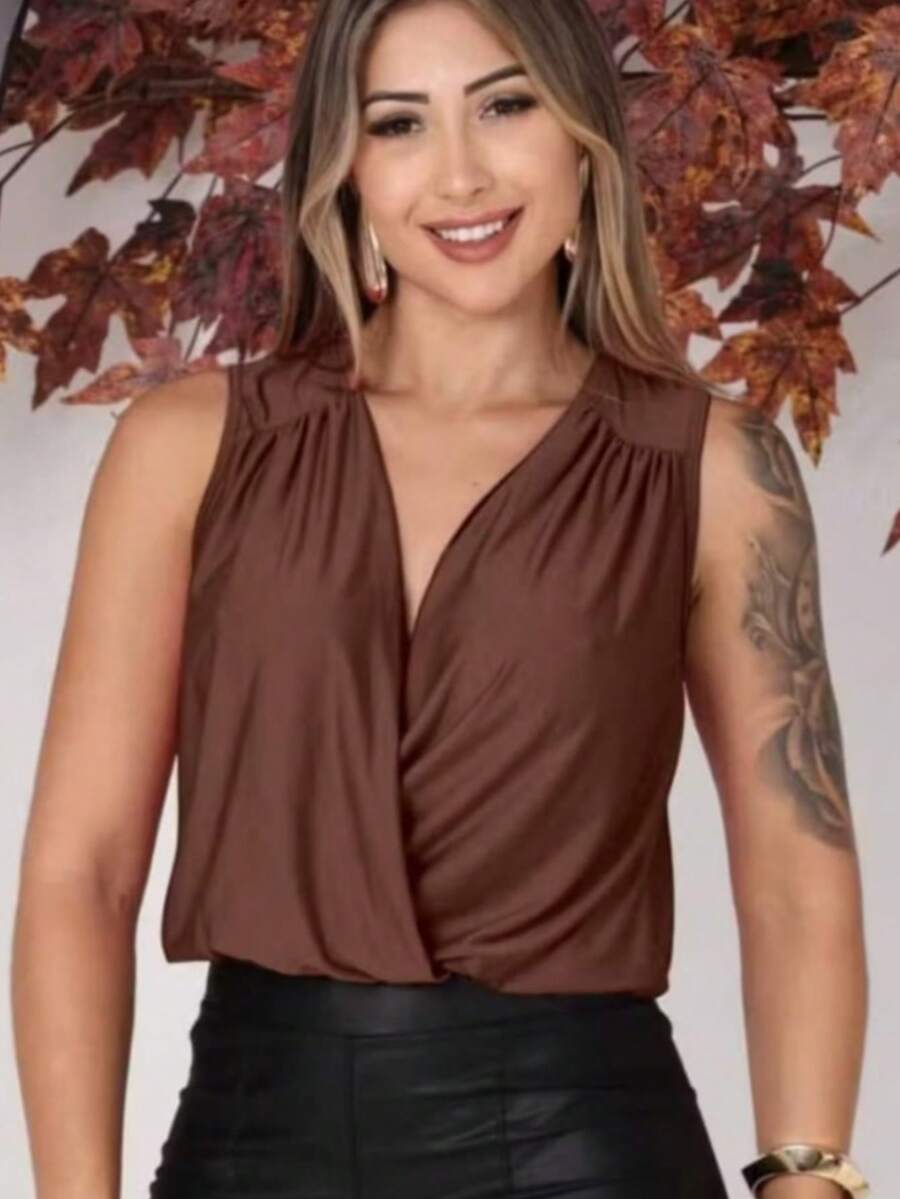 Cropped Women's Blouse Fluist Polyamide Fabric Tank Top Simple Knitted Fabric V-Neck Piece Crossed Casual Holiday Daily Bachelorette Party Travel Summer - 鏽棕色 - 查看 1