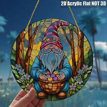 2D Flat, 1pc Easter Gnome Acrylic Suncatcher Wall Art Stained GlassStyle Decorative Plaque With Flowered Hat, Egg Basket & Whimsical Forest Scene, Pastel Hues & Polka Dots, 20.32cm X 20.32cm Home Office Decor, No Electricity Needed, Gnome Decor, Holiday Decoration, Polka Dot Accents, Artistic Craftsmanship, 2D Flat