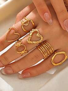 6 件/7 件不锈钢镀金时尚优雅几何心形椭圆叶戒指套装，适合女性日常、约会、节日佩戴，高端戒指套装 - 彩色 - 查看 9