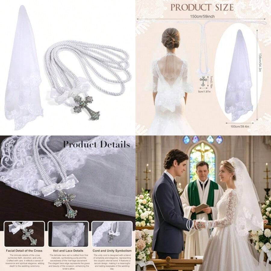 2 Pcs Wedding Unity Veil And Cord SetWedding Lasso Rope For Ceremony Catholic Velo De Novia Para Boda Lazo Para Boda Catolica Catholic Mexican Weddings Gifts - 如圖 - 查看 1