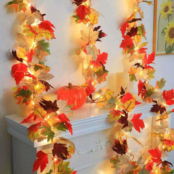 1 pieza 20LED/2M Guirnalda de luces en forma de hoja de arce roja y verde, luces de hadas alimentadas por batería, adecuadas para dormitorio, Halloween, sala de estar, fiesta, boda, hogar, patio, camino, suministros para fiestas, decoración de fiestas, decoración de todas las temporadas, chimenea, decoración [Baterías no incluidas]