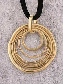 1pc Minimalist Oversized Golden Circle Asymmetrical Geometric Pendant Necklace With Multilayer Black Wax Cord Long Chain, Stylish Luxury Gift For Girlfriend Or Mother