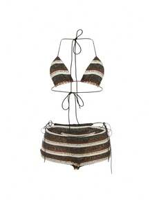 2025 Spring And Summer New Women's Fashion Sexy Halter Neck Tie Striped Bikini Three-Piece Set - Đen và trắng - Xem 6