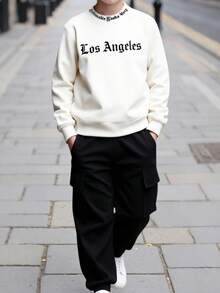 2pcs/Set Teenage Boys' Los Angeles Letter Print Sweatshirt And Sweatpants Suit, Casual Fashion Outfit For Spring, Autumn & Winter