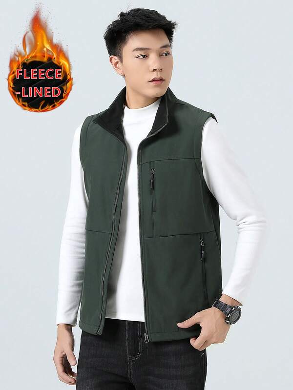 Men's Sleeveless Fleece-Lined Outdoor Vest Jacket, Stand Collar Cardigan Style Top, Suitable For Mountaineering, Travel, Casual Sports, Fishing In Autumn/Winter
