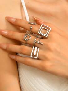 4/5 Teile Set modischer, schlichter Edelstahl-Goldring für Frauen mit geometrischen Linienelementen, geeignet für täglichen Gebrauch, Urlaubsdating, als Geschenkschmuck