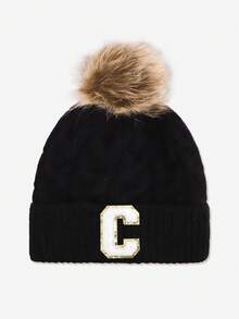 1pc Baby & Toddler Letter Pom Pom Knit Hat, 26 Letters Available, Knitted Cap, Suitable For Baby Boys & Girls Everyday Wear In Autumn/Winter - Black - View 33