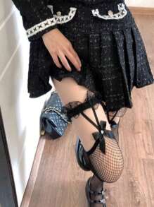 2 双蕾丝上衣渔网袜蝴蝶结吊带大腿袜网眼吊袜带女士长筒袜，Y2K - 彩色 - 查看 3