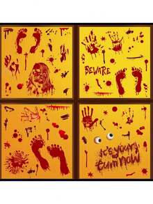 84 piezas/9 hojas Pegatinas de calavera, mano ensangrentada y terrorífica para Halloween, pegatinas de ventana, huellas de manos y pies ensangrentadas, pegatinas de calavera y sangre para ventanas, puertas, paredes, pisos, decoración terrorífica de Halloween - Multicolor - Ver 6