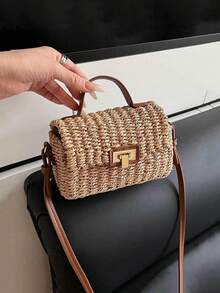 Fashionable Retro Personalized Straw Handbag, Versatile For Outings, Vacation, Beach, Woven Mini Square Crossbody Bag - Khaki - View 2