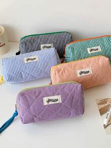 1 pieza Estuche de lápices a cuadros de color contrastante para estudiantes, bolsa de almacenamiento de artículos de papelería, bolsa de almacenamiento de cosméticos y artículos varios de gran capacidad