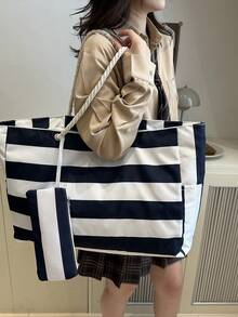 Set de 2 bolsas de playa impermeables para mujer, con cierre de cremallera, diseño impermeable y a prueba de arena, patrón de rayas aleatorio, gran capacidad, adecuado para piscina, escuela, viajes, trabajo, vacaciones, compras y otras ocasiones - Azul - Ver 3