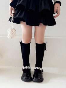 2 Paar Kinder Einfarbige Spitze Schleife Kniestrümpfe, geeignet für 1-12 Jahre alt, weiß, schwarz, navy, passend für den Schulanfang