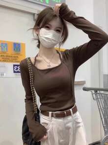 U领挂脖长袖T恤女春秋新款拼接设计时尚修身短款打底衫美式辣妹上衣 - 棕色 - 查看 3