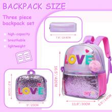3 件套女童背包 猫咪/爱心图案 小学背包 带午餐袋和铅笔袋 返校 - 紫色 - 查看 5