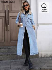 Mobula Sound Fashionable And Casual Long Denim Jacket With Thermal Lined For Women, Suitable For Autumn/Winter - Navy Blue - View 3