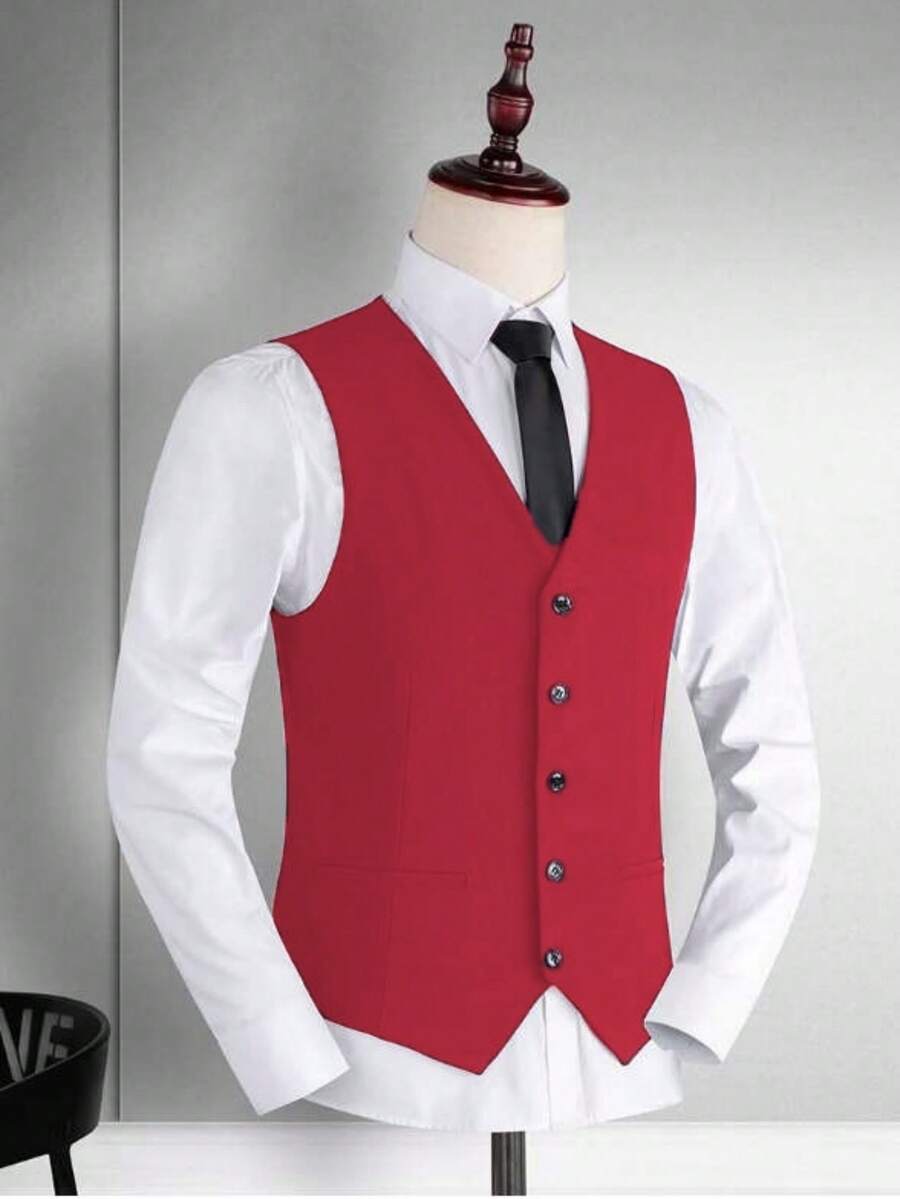 New Suit Vest For Men, Groomsmen Formal Attire, Business Casual Waistcoat, Slim Fit Korean Style - Red - View 1