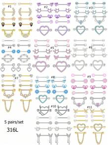 Set de 10 piezas de joyería de piercing de pezón de acero inoxidable chapado en oro con diseños de mariposa, cadena y flor de 14G, aros y piezas de pezón con forma de corazón, para uso en citas, fiestas, Día de la Madre, regalo