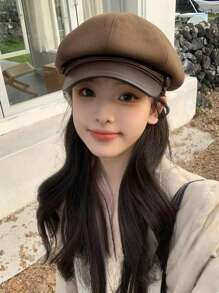 1pc Retro Octagonal Cap, Fabric With Leather Brim, Korean Style, Versatile, Fits Large Head Circumference, Japanese Painter Cap