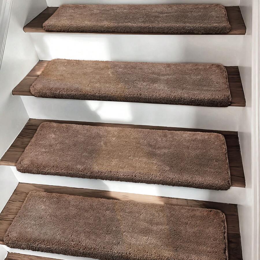 Plush Soft 14pcs Bullnosed Carpet Stair Treads Cover (9.5" X 30"X1.2")With 1pcs Landing Mat (24"X36") Rugs Set Tape Free Self-Adhensive Non-Slip Noise Reduced - 棕色 - 查看 1