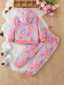 Kleine Mädchen Blumen Flanell Hoodie und Hose Lässig outfit - Pink - Übersicht 3