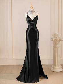 Elegant Deep V-Neck High Slit Bodycon Bridesmaid Dress - Black - View 1