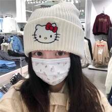 3pcs Sanrio Hello Kitty Knitted Beanie Hat, Cute Embroidered Warm Headwear For Autumn/Winter