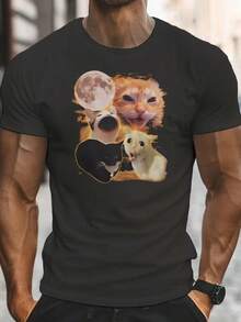 Men's Funny Cat Shouting Graphic T-Shirt - Viral Cartoon Print Retro Style Round Neck Short Sleeve Tee, Breathable Summer Casual Top For Daily Wear & Gifts, Cat Tshirt, Gift Idea Shirt, Comfortable Fit Shirt - Dark Gray - 查看 1