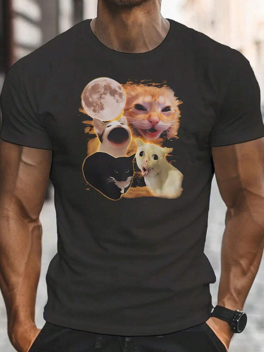 Men's Funny Cat Shouting Graphic T-Shirt - Viral Cartoon Print Retro Style Round Neck Short Sleeve Tee, Breathable Summer Casual Top For Daily Wear & Gifts, Cat Tshirt, Gift Idea Shirt, Comfortable Fit Shirt - Dark Gray - 查看 1