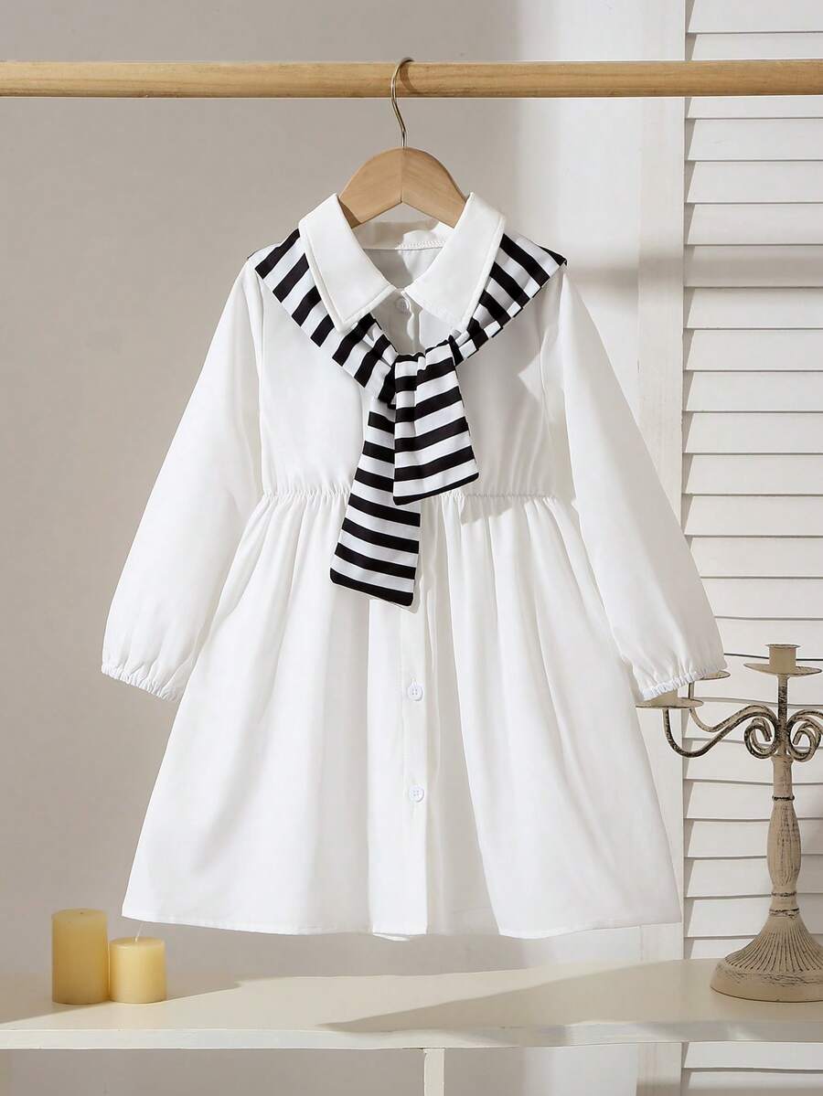 女童两件套条纹披肩领长袖连衣裙，时尚韩版，甜美，春秋 - 白色 - 查看 1