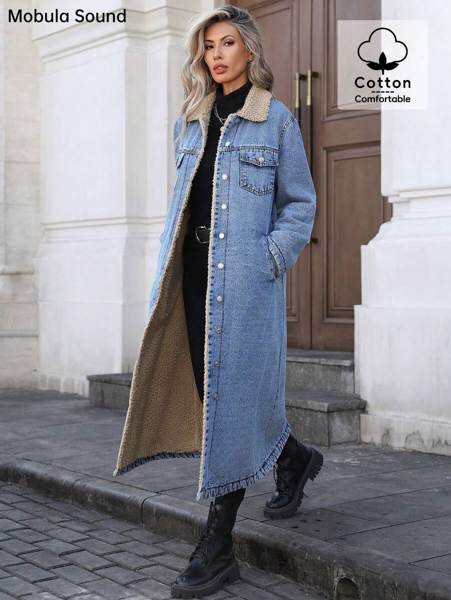 Mobula Sound Casual Thermal Lined Long Denim Jacket For Women, Suitable For Autumn/Winter - Blue - View 1