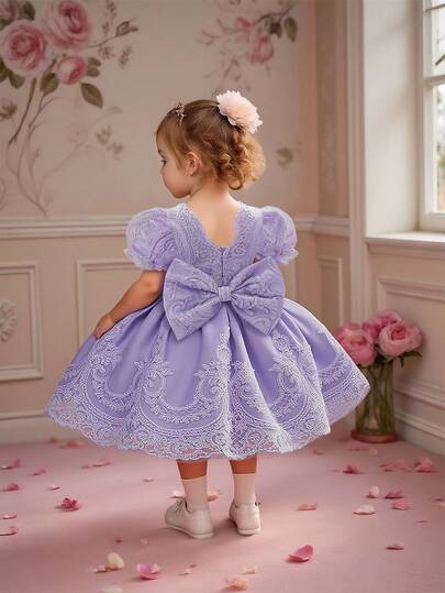 女婴刺绣薄纱可爱公主裙，适合一周岁生日，可作花童、婚礼、节日庆典等场合，面料花卉图案随机裁剪，不含头饰。