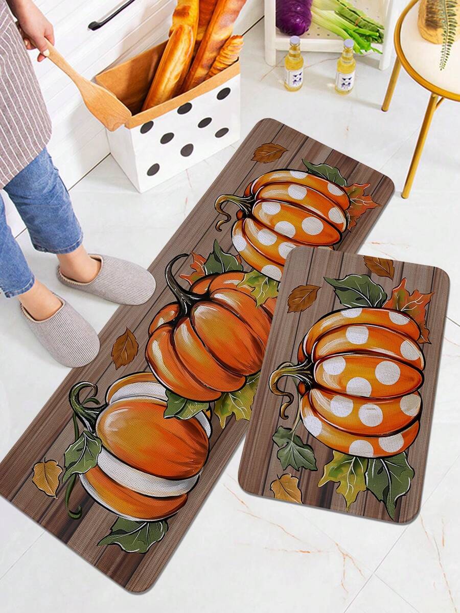 1pc Halloween Thanksgiving Pumpkin Text Graphic Print Kitchen Mat, Soft Plush Rectangular Non-Slip Absorbent Floor Mat, Suitable For Kitchen, Dining Room, Living Room - Multicolor - View 1