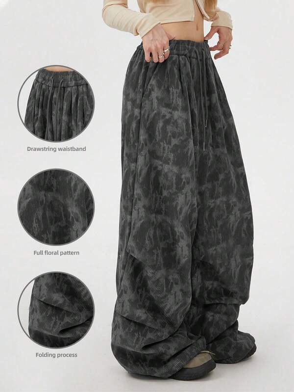 Pantalon en velours côtelé ample et plissé avec imprimé graphique pour femmes, pantalon à coupe cintrée pour l'automne et le printemps, vêtements de rentrée scolaire, pantalon grande taille