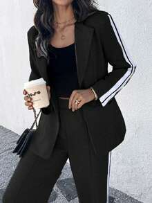 ChicMe Women 2 Pieces Wool Blend Suit Set Notched Collar Single Breasted Blazer Jacket With Side Stripe High Waist Pocket Wide Leg Pants Casual Elegant Office Streetwear - Black - View 4