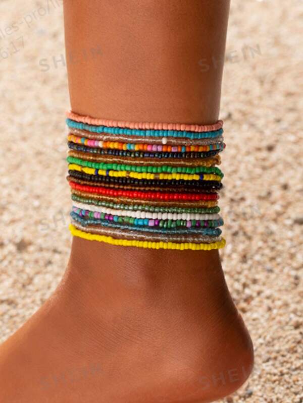 18pcs/Set Colorful Glass Seed Beads, Multi-Color Beaded Anklet Set, Random Colors