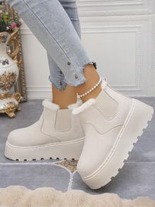 Damskie, wygodne, antypoślizgowe, białe, obszyte sztucznym futerkiem, ciepłe, grube podeszwy, wsuwane buty na wysokiej platformie z grubym dnem i puszystą podszewką, ciepłe, zimowe, codzienne, do noszenia na zewnątrz, beżowe buty śnieżne - Beżowy - Zobacz 4