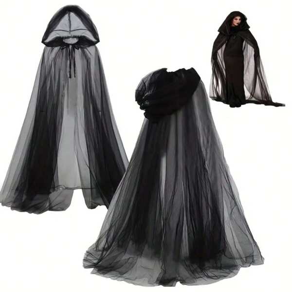 1pc Women's Witch Cloak - Elegant Gothic Style Wedding Veil, Halloween Fringe Dark Magic Costume Wrap, Vampire, Gothic Party Lightweight Non-Electric Accessory, Suitable For Women And Teens, Layered Design, Smooth Texture