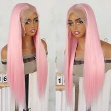 冰粉色合成蕾丝前假发，长款丝滑直发，13x6 免费部分前蕾丝替换假发，亮粉色蕾丝前假发，预拔婴儿头发，自然发际线，无胶耐热纤维，浅粉色假发，适合时尚女性女孩日常派对使用，26 英寸，180% 密度 - 玫紅色 - 查看 15