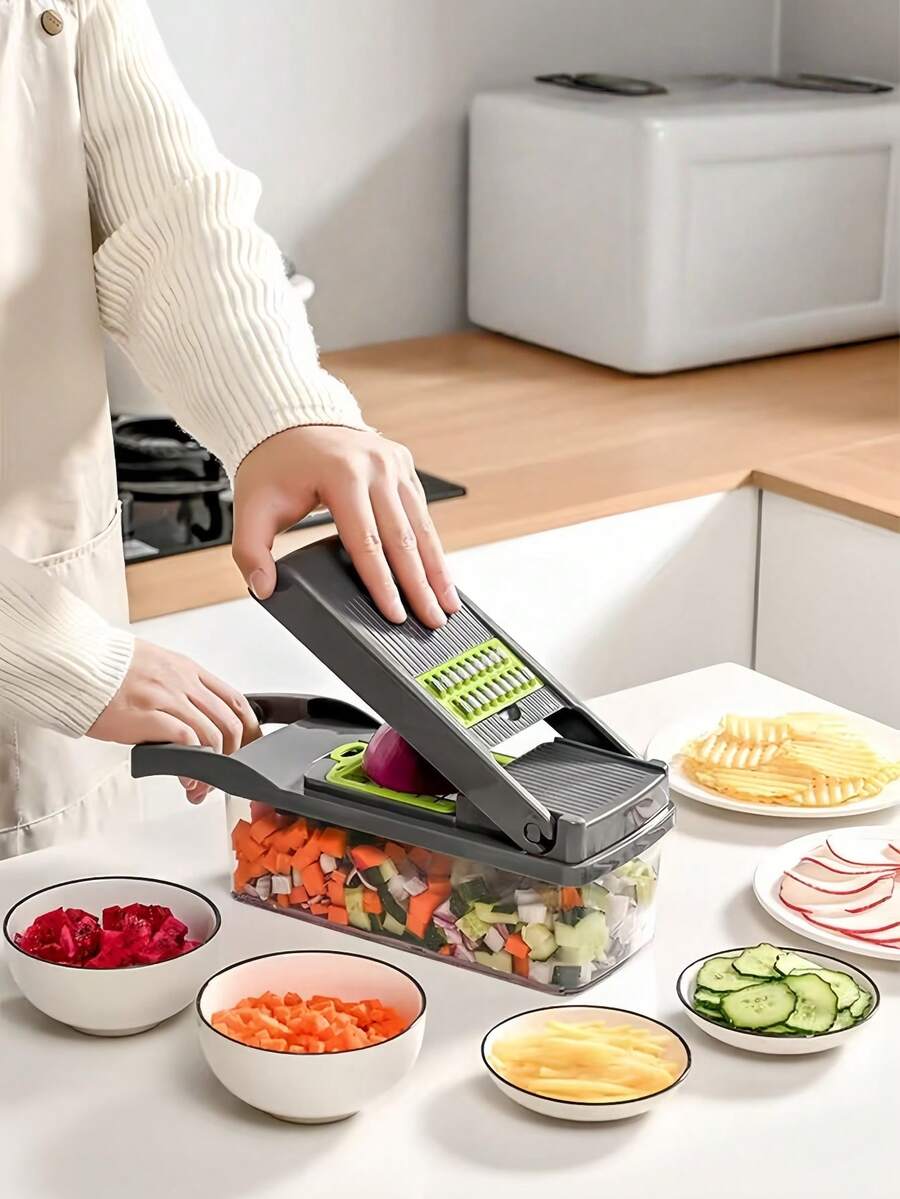 14 peças/16 peças Conjunto Multifuncional de Picador e Fatiador de Vegetais, Picador de Alimentos, Cortador de Vegetais Ajustável com Recipiente, Fatiador de Frutas, Fatiador de Vegetais Multifuncional, Raspador de Batata, Fatiador de Batata e Cebola, Fatiador de Rabanete, Fatiador de Salada, Picador de Alho, Fatiador, Utensílios de Cozinha, Adequado para Fatiar, Ralar e Cortar Vegetais e Frutas