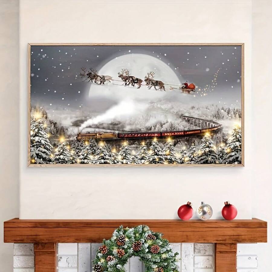 1 Pc Canvas Painting,Winter Wonderland Canvas Printed Poster - Steam Train, Santa Claus And Reindeer: The Perfect Choice For Christmas, New Year, Valentine's Day And Easter Decorations. Wall Art, St. Paul's Day, Canvas Printed, Perfect For Room Decoration , Wooden Framed Art,High Quality ,Thickness 2.25cm/1inch Wall Art Prints Poster Direct Hanging Decor For Home Gifts,Living Room, Bathroom, Bedroom, Kitchen,Bar,Office - 白色 - 查看 1